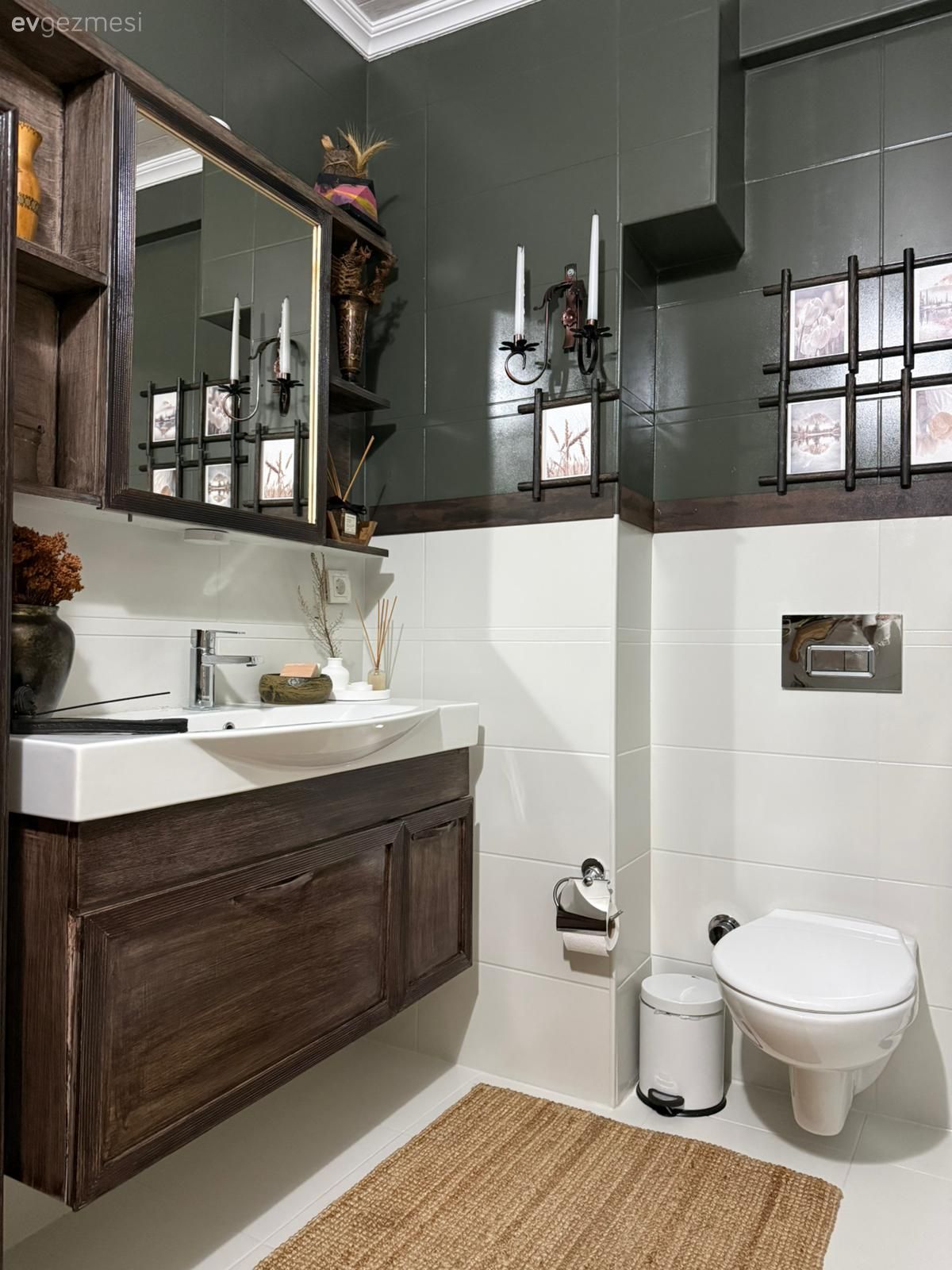 Banyo, Modern rustik, Kahverengi, Masif ahşap, Beyaz, Banyo seramikleri, Banyo aynası, Banyo aksesuarları, Banyo paspası, Yeşil