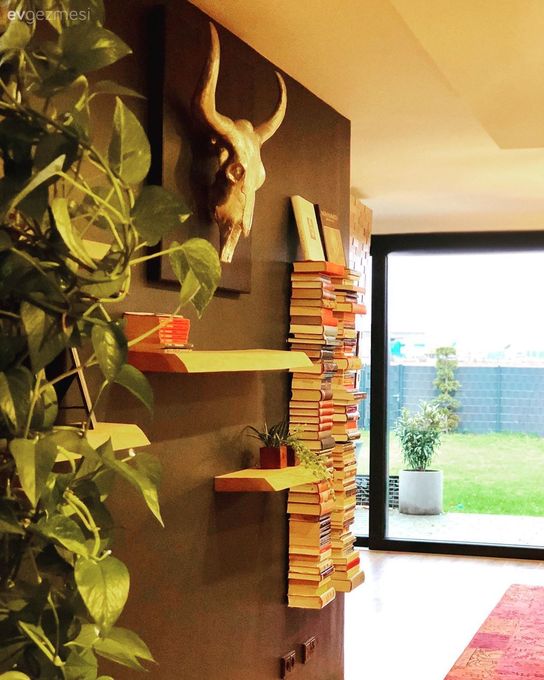 Salon, Açık konsept yaşam alanı, Modern rustik, Siyah duvar, Duvar rafı, Duvar dekorasyonu, Kitaplık, Ev bitkisi, Metal duvar aksesuarı, Ev Aksesuar