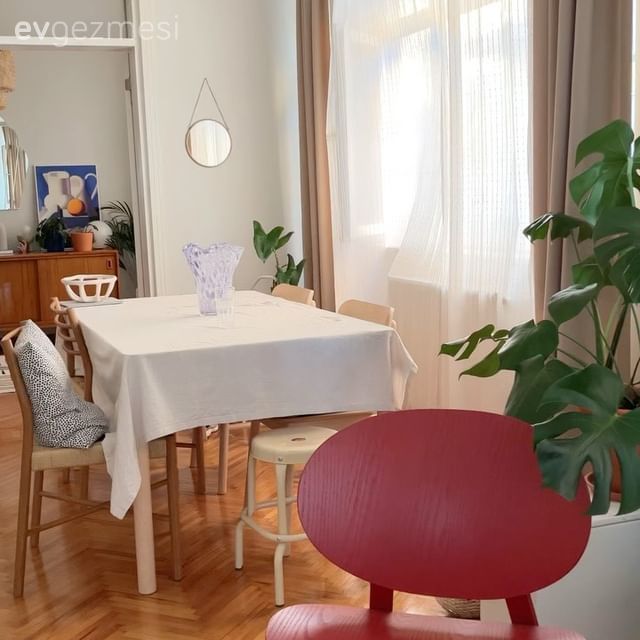 Fon perde, Perde, Tül perde, Kırmızı, Sandalye, Yemek masası