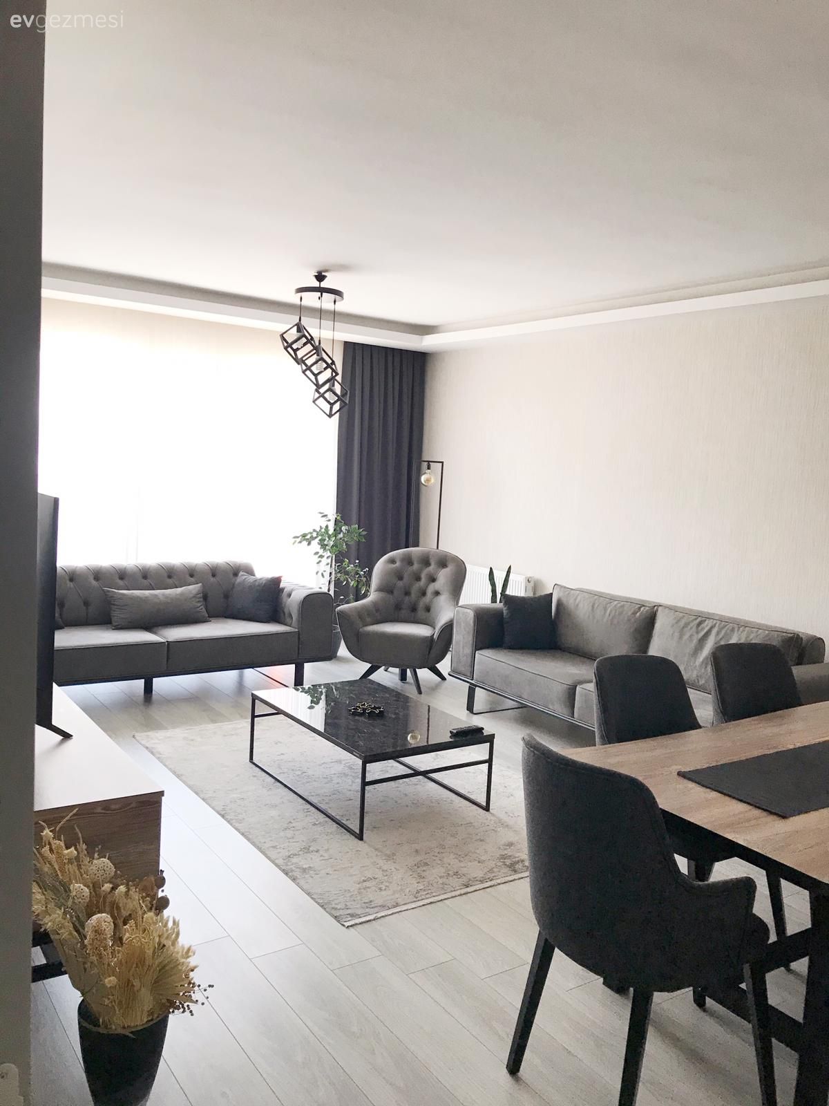 Salon, Modern, Gri, Antrasit  , Ahşap Mobilya, Siyah, Koltuk takımı, Modern chesterfield, Orta sehpa, Sehpa, Ev Aksesuar, Yemek masası, Avize, Aydınlatma, Salon avizesi, Halı, Salon halısı, Ayna, Sandalye, Berjer, Pampas otu, Vazo, Ev bitkisi