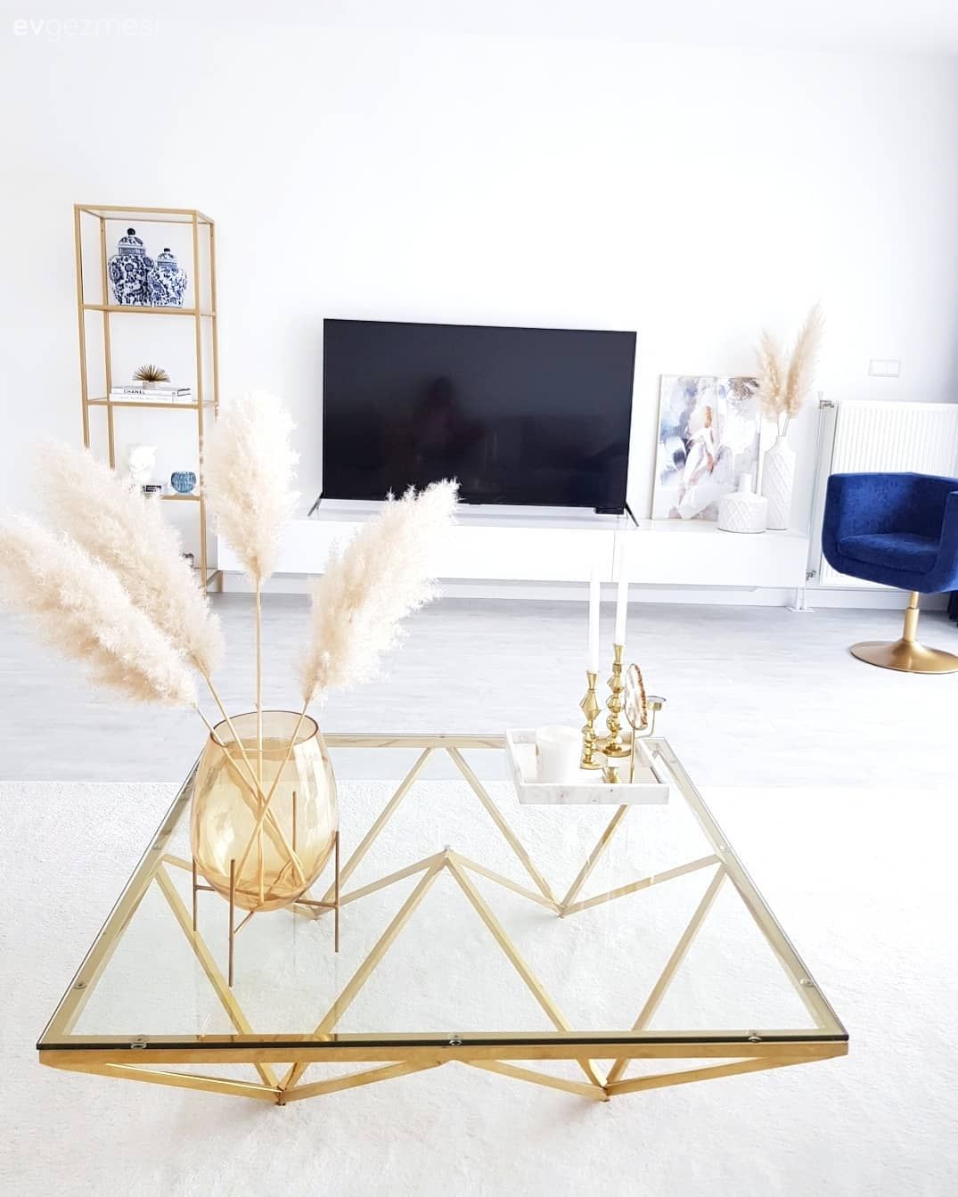 Salon, Büyük salon, Beyaz, Parlament mavisi, Altın, Tv ünitesi, Kitaplık, Ev Aksesuar, Vazo