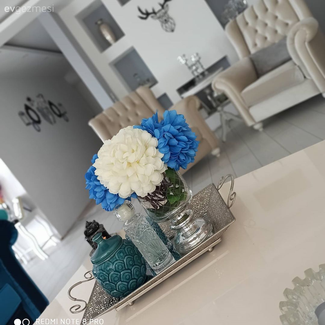 Salon, Beyaz, Krem, Mavi, Berjer, Kapitoneli koltuk, Koltuk takımı, Çiçekler, Sehpa üstü aksesuarı, Ev Aksesuar, Orta sehpa, Sehpa, Duvar Nişleri, Metal duvar aksesuarı