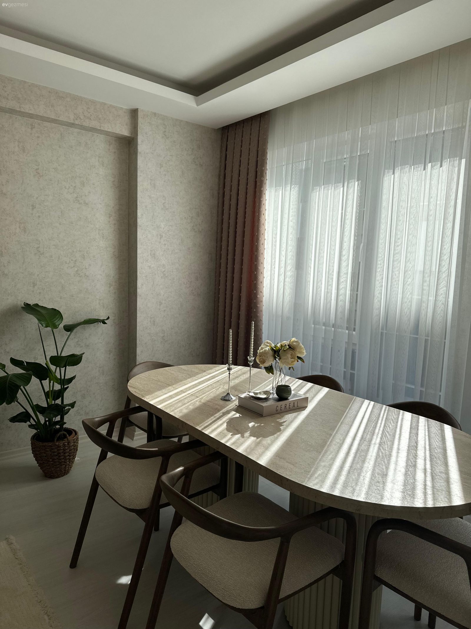 Yemek masası, Sandalye, Fon perde, Perde, Tül perde, Ev bitkisi, Krem, Siyah