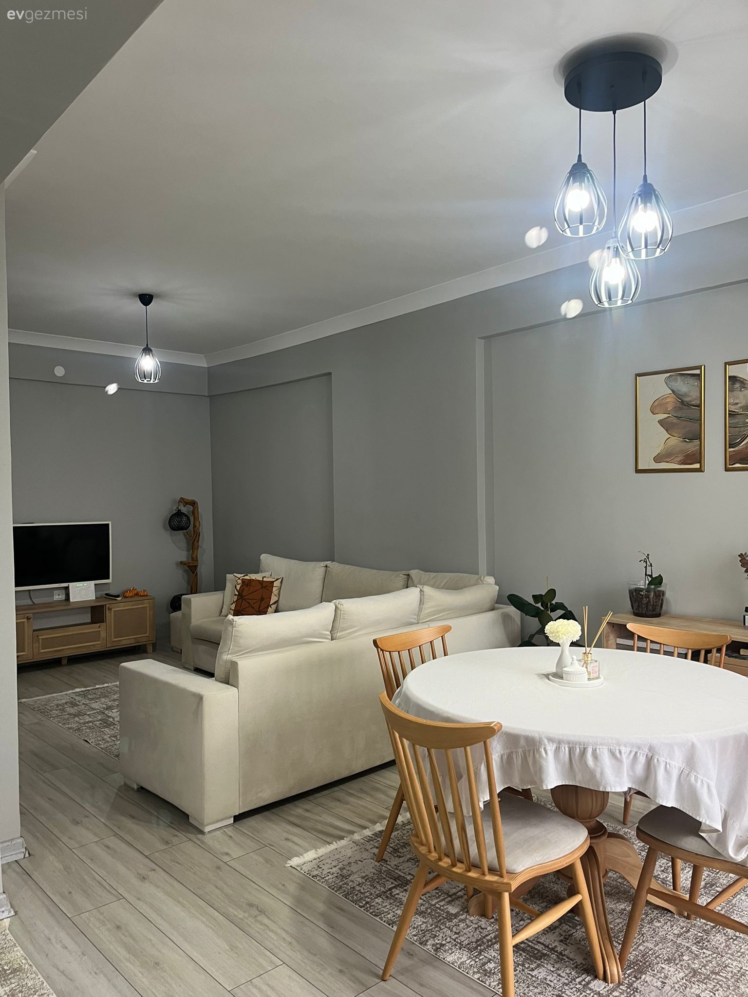 Salon, Bohem Dekorasyon, Beyaz, Krem, Ahşap Mobilya, Sandalye, Yemek masası, Dekoratif Objeler, Avize, Aydınlatma, Kırlent, Ev tekstili, Konsol, Konsol üzeri dekoratif objeleri