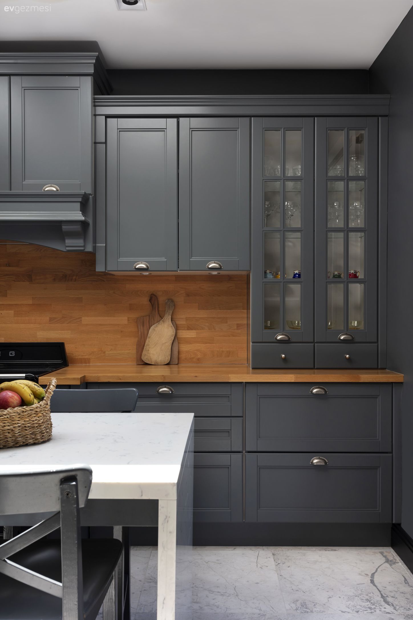 Mutfak, Modern, Gri, Ahşap mutfak tezgahı, Mutfak tezgahı, Mutfak tezgah arası, Ada mutfak, Mermer, Bar masa & sandalyeleri, Mutfak aksesuarları