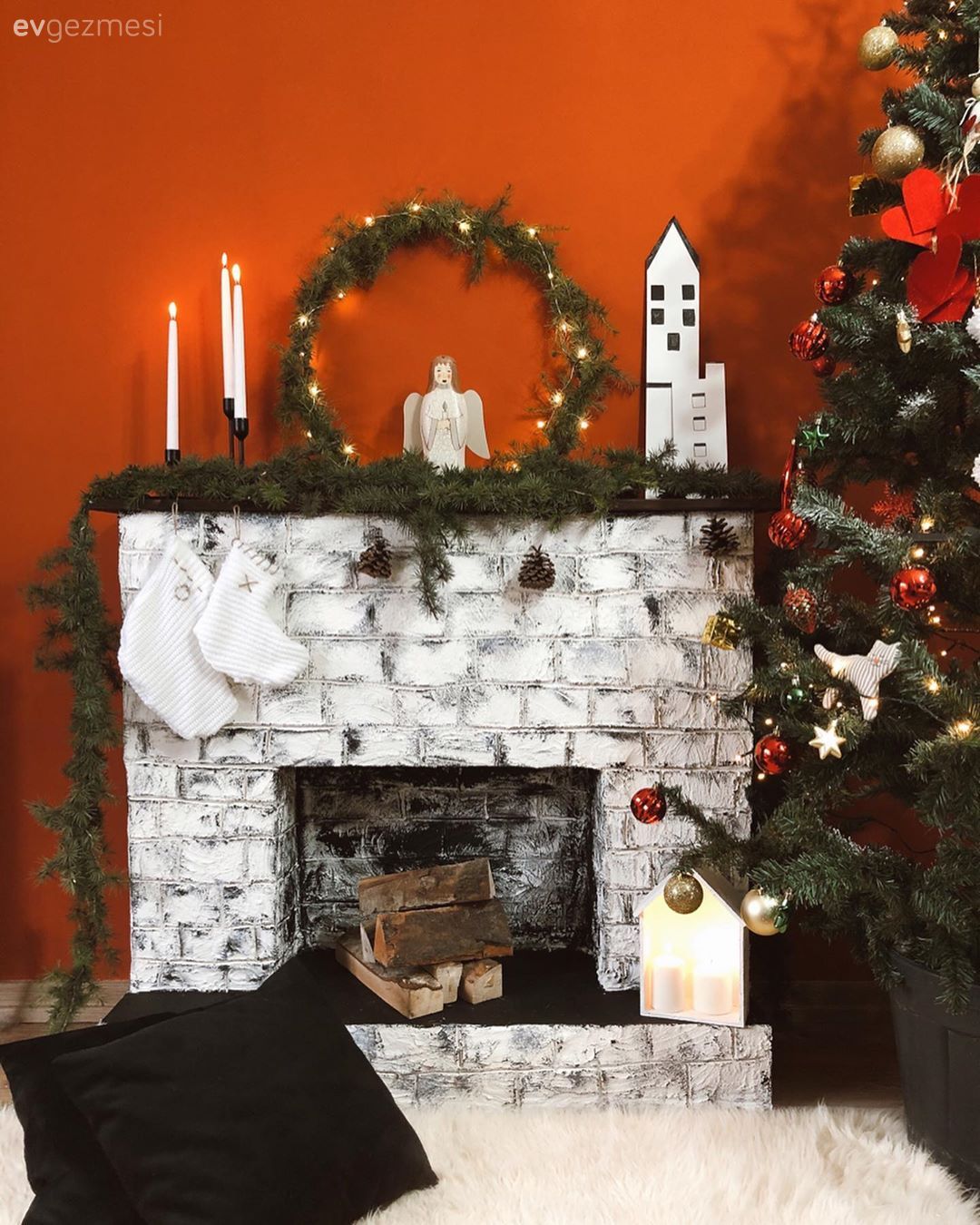 Turuncu, Turuncu duvar rengi, Dekoratif şömine, Kendin Yap, Çam ağacı, Şamdan, Ev Aksesuar, Dekoratif Objeler, Peluş