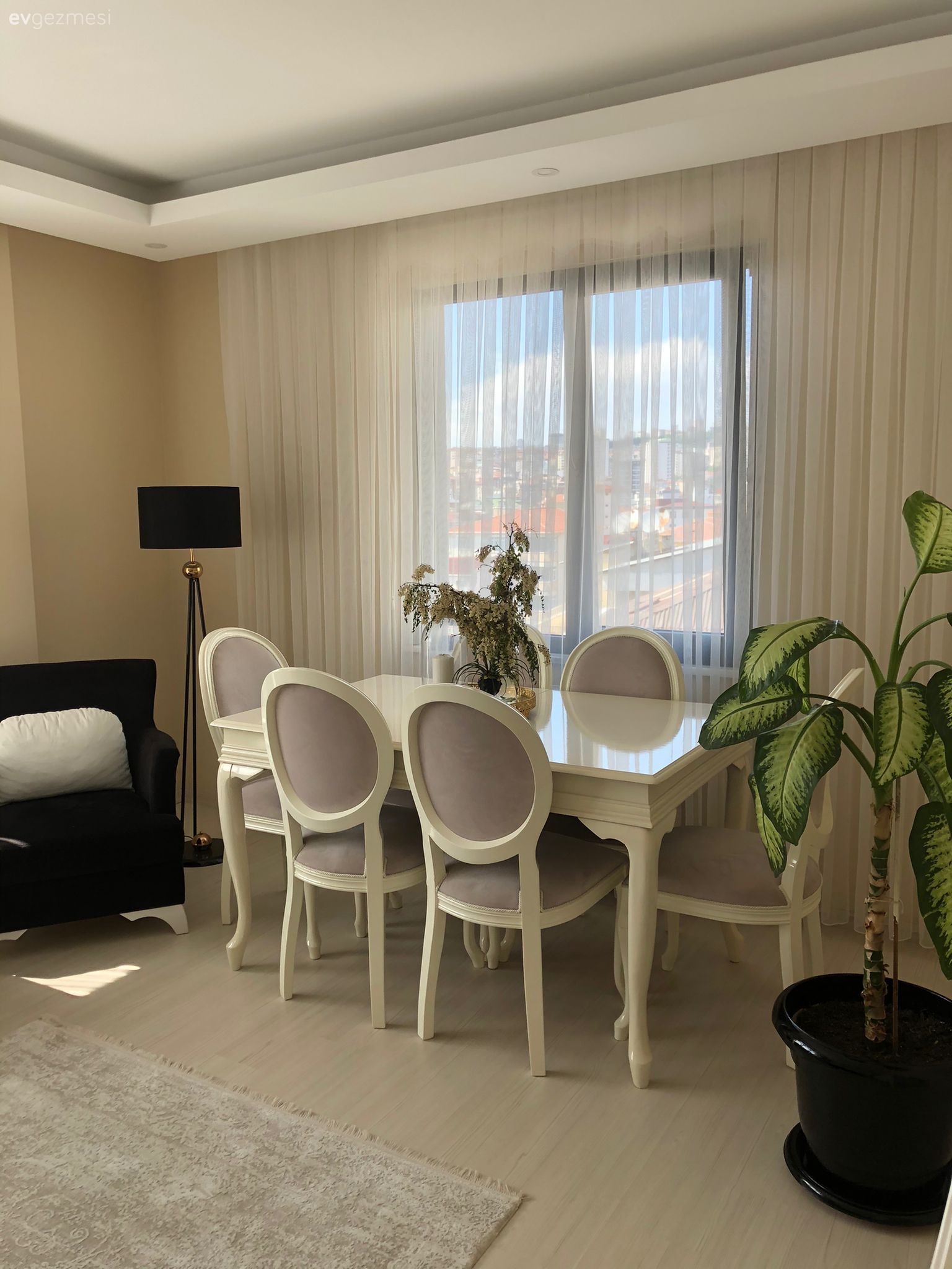 Yemek Odası, Gri, Beyaz, Ev bitkisi, Berjer, Lambader, Aydınlatma