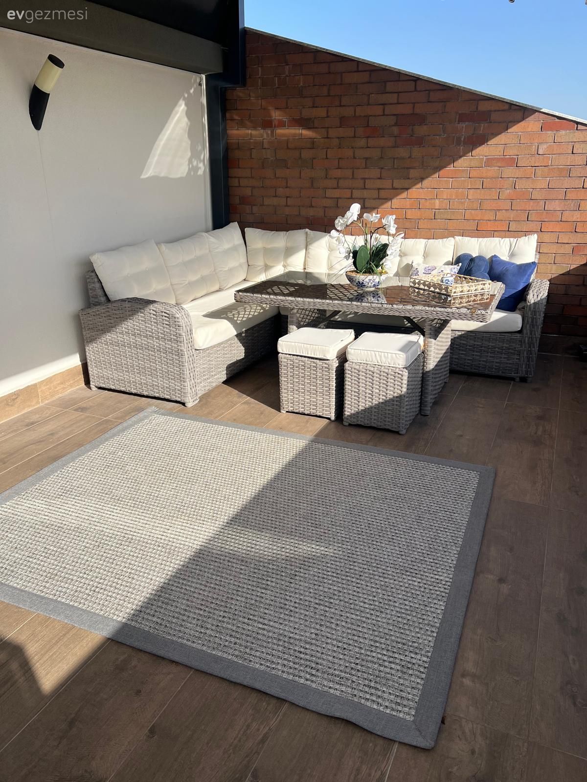 Teras, Balkon oturma grubu, Balkon, Beyaz, Jüt halı, Halı