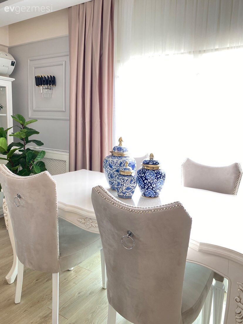 Pudra pembe, Duvar çıtalama, Sandalye, Yemek masası, Vazo, Ev Aksesuar, Tül perde, Perde, Ev bitkisi