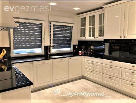 Mutfak, Beyaz mutfak, Mutfak tezgahı, Mutfak tezgah arası, Siyah tezgah, Mutfak perdesi, Mutfak zemin seramikleri