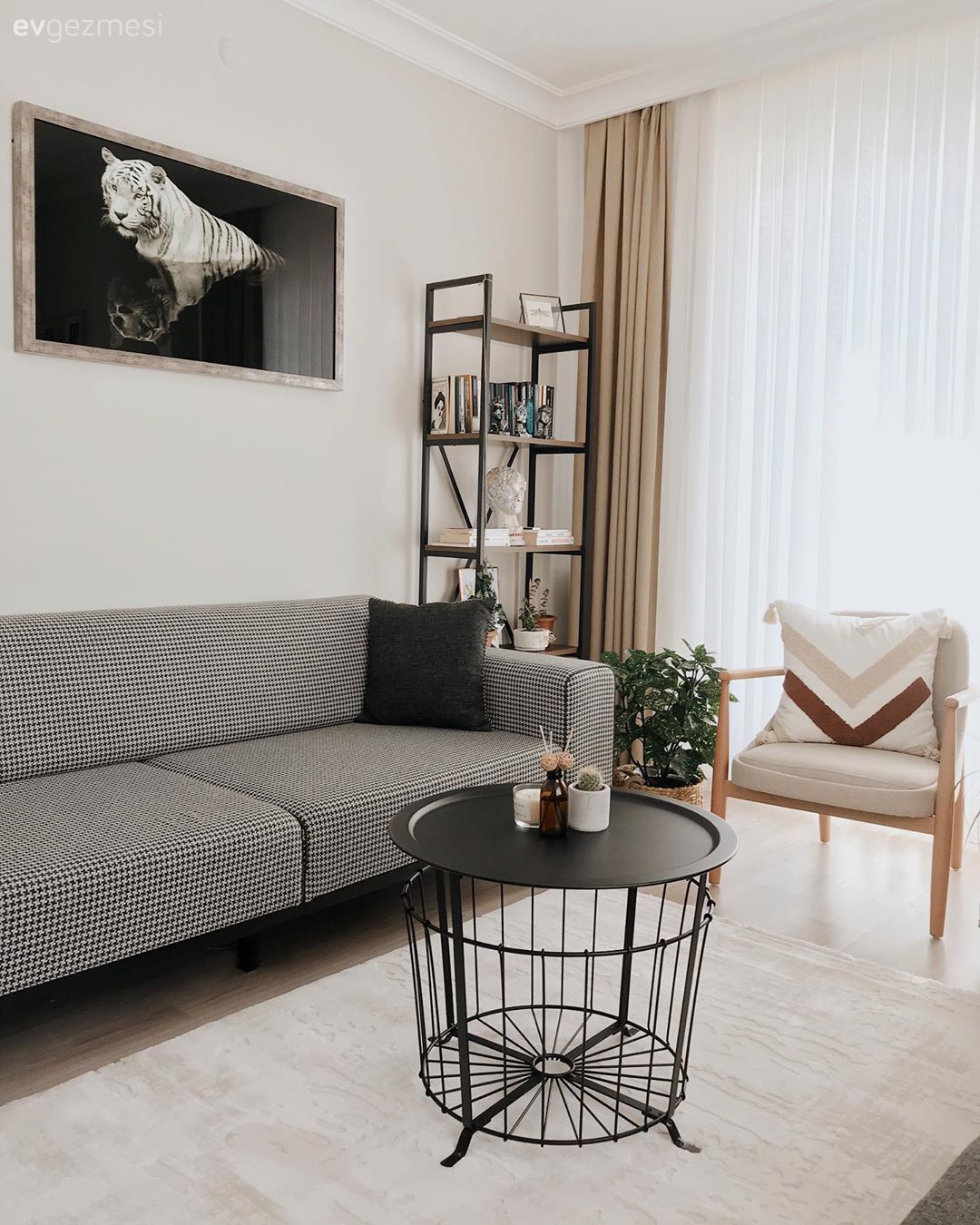 Modern, Gri, Bej, Krem, Siyah, Beyaz, Salon, Fon perde, Perde, Tül perde, Koltuk takımı, Berjer, Ekose desen, Desenler, Saksı, Ev bitkisi, Çerçeve, Kırlent, Ev tekstili, Orta sehpa, Sehpa, Halı, Salon halısı, Kitaplık, Dekoratif Objeler, Tablo, Duvar dekorasyonu