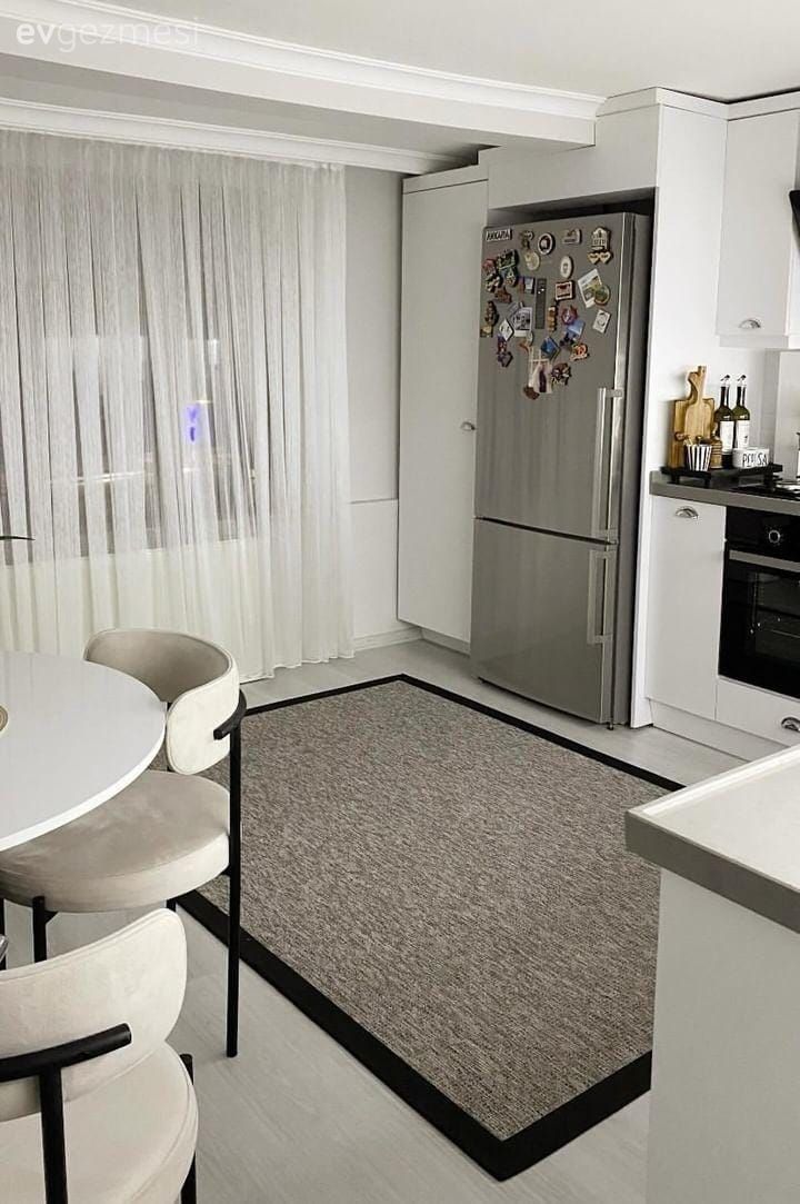 Mutfak, Beyaz, Modern, Siyah, Vizon, Mutfak tezgahı, Mutfak tezgah arası, Mutfak halısı, Sandalye, Mutfak masası, Tül perde, Perde, Ankastre