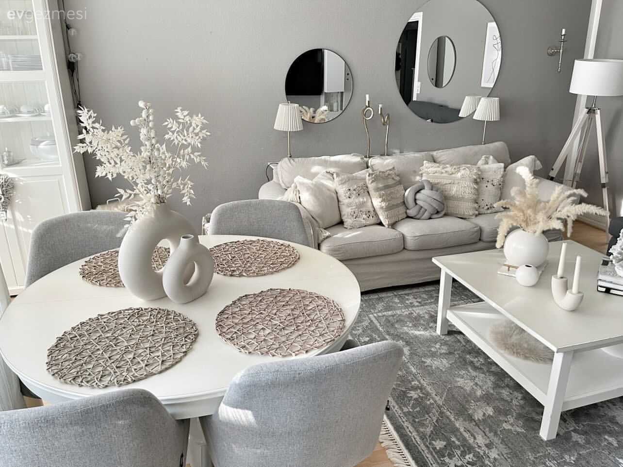 Salon, Modern, Bohem Dekorasyon, Gri, Beyaz, Koltuk takımı, Sandalye, Yemek masası, Orta sehpa, Sehpa, Halı, Salon halısı, Yuvarlak ayna, Dekoratif ayna, Lambader, Aydınlatma