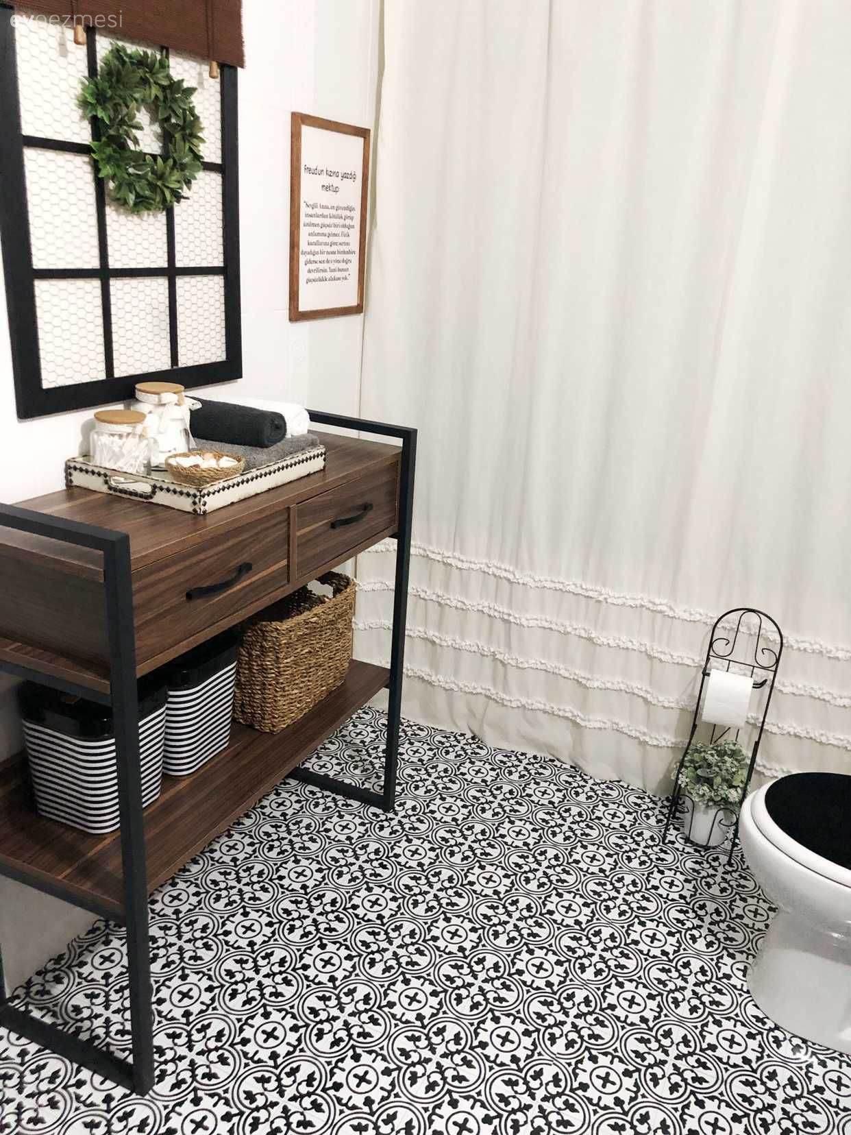 Banyo, Banyo dolabı, Kahverengi, Beyaz, Siyah, Stencil, Mobilya boyama, Banyo aksesuarları