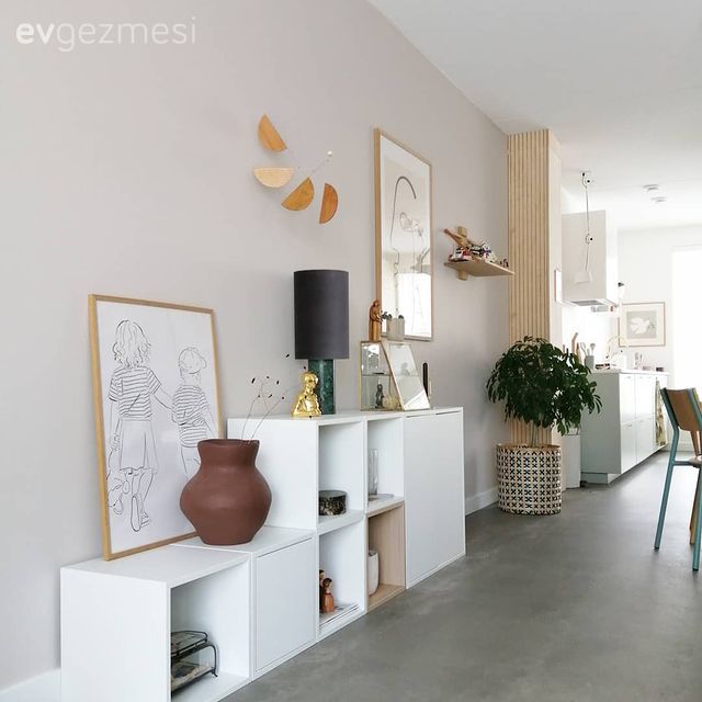 Kitaplık, Dekoratif Objeler, Vazo, Ev Aksesuar, Tablo, Duvar dekorasyonu, Ev bitkisi, Açık konsept yaşam alanı