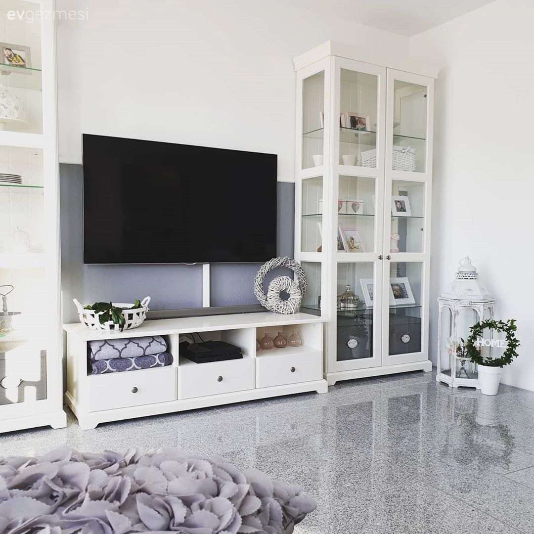 Tv ünitesi, Tv ünitesi aksesuarları, Ev Aksesuar, Kitaplık, Beyaz, Gri, Zemin seramikleri