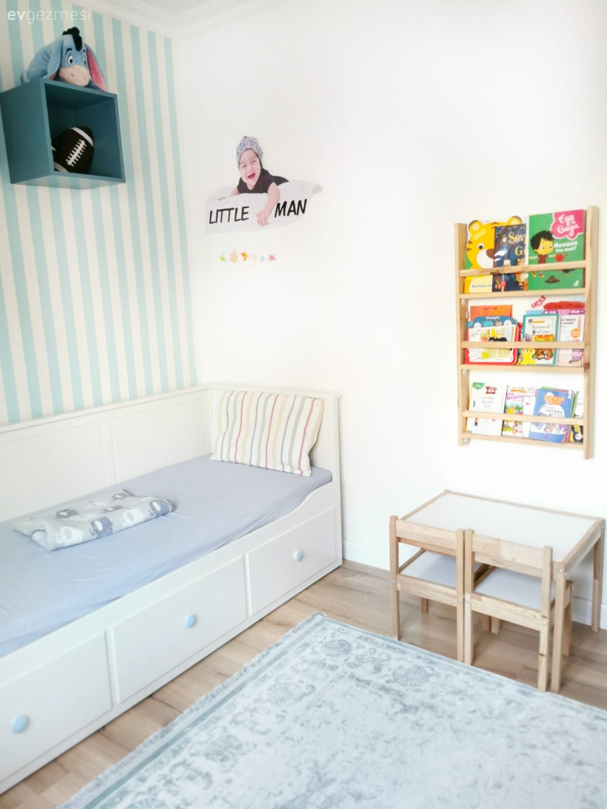 Çocuk Odası, Beyaz, Mavi, Mint yeşil, Sedir, Çizgili duvar kağıdı, Tül perde, Perde, Duvar dekorasyonu, Çocuk odası çalışma masası