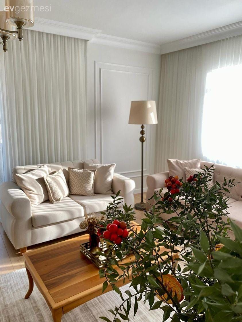 Salon, Country, Beyaz, Bej, Koltuk takımı, Tül perde, Perde, Kırlent, Ev tekstili, Berjer, Fon perde, Orta sehpa, Sehpa, Halı, Salon halısı, Ev bitkisi, Dekoratif Objeler