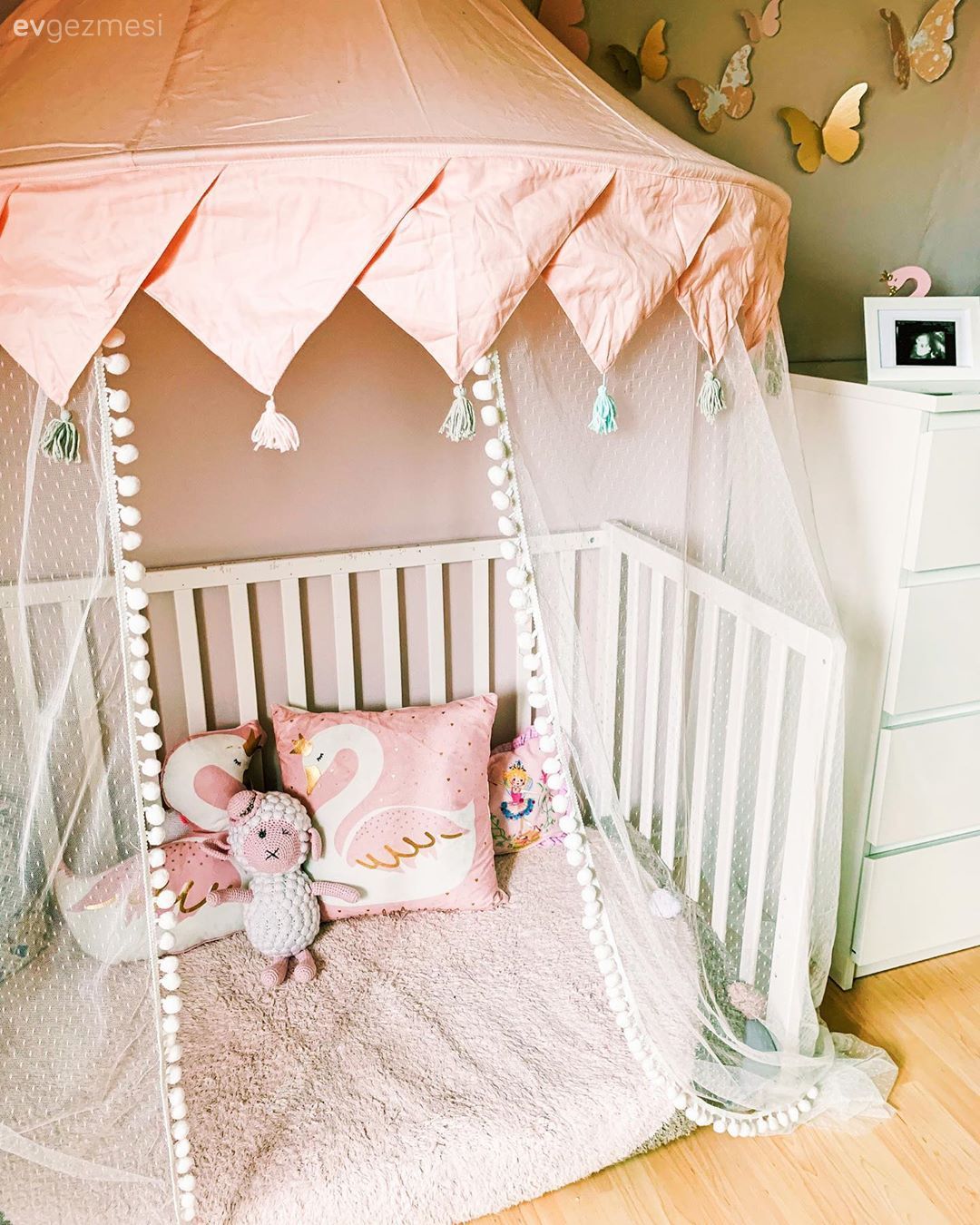 Çocuk Odası, Beyaz, Pudra pembe, Şifonyer, Yatak Odası, Cibinlik