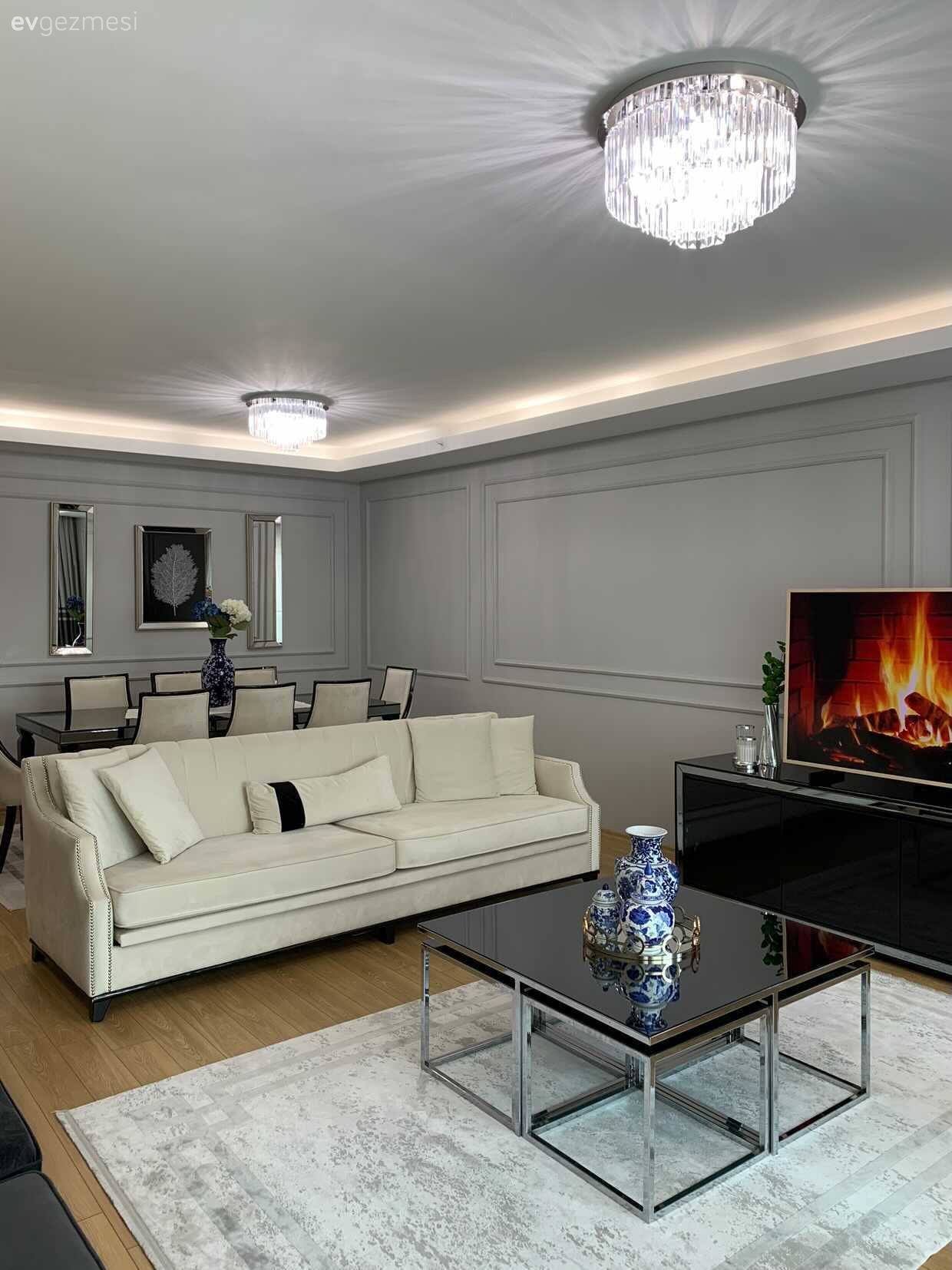 Salon, Modern, Beyaz, Siyah, Gri, Gri duvar, Duvar çıtalama, Koltuk takımı, Sandalye, Yemek masası, Avize, Aydınlatma, Tv ünitesi, Tv ünitesi aksesuarları, Ev Aksesuar, Halı, Salon halısı