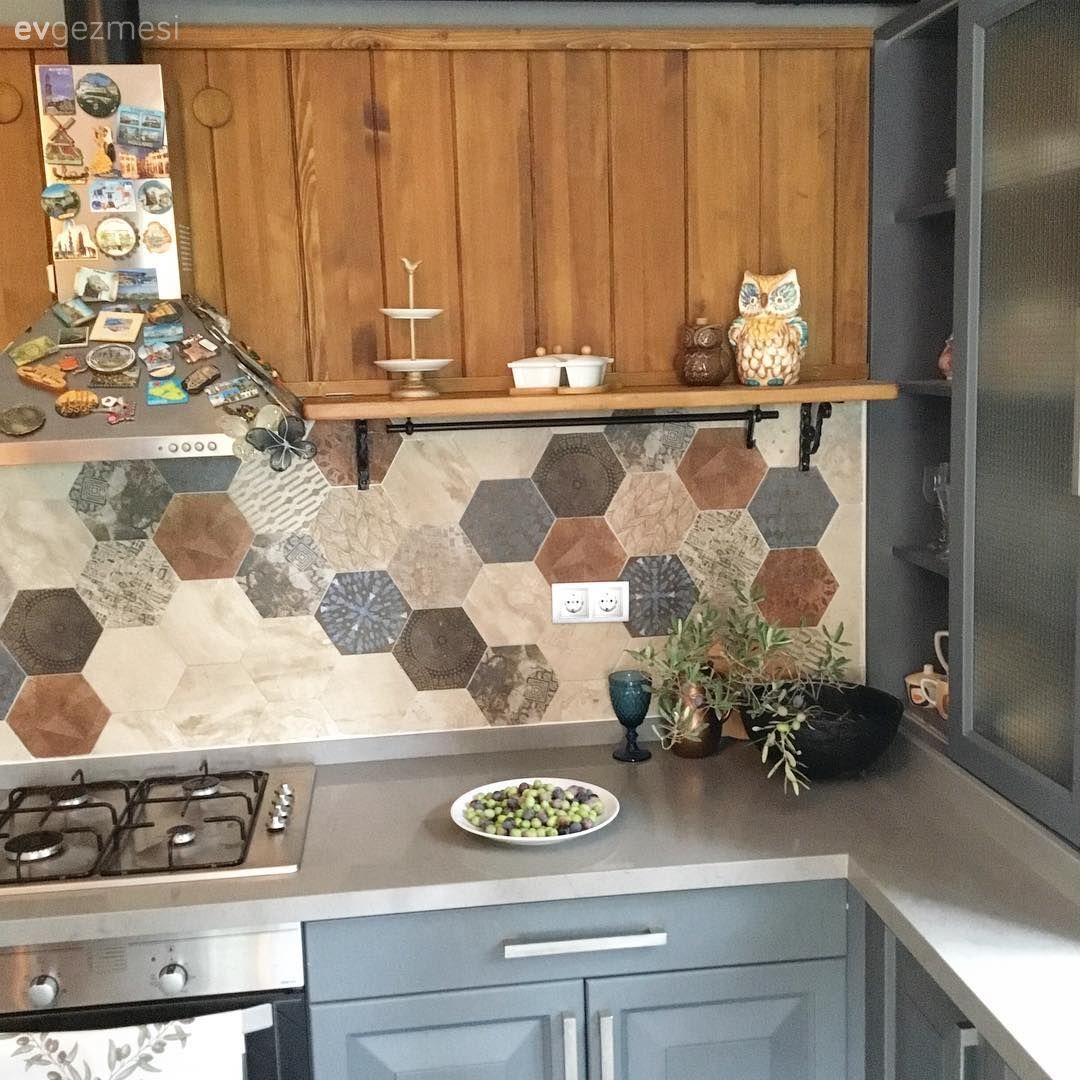 Mutfak, Gri, Kahverengi, Mutfak tezgahı, Mutfak tezgah arası, Tezgah arası seramik, Mutfak aksesuarları