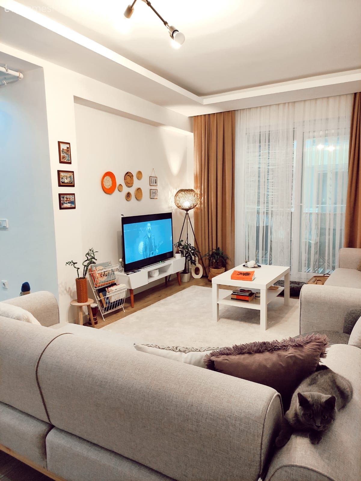 Salon, Modern, Beyaz, Krem, Bej, Koltuk takımı, Orta sehpa, Sehpa, Halı, Hardal, Fon perde, Perde, Tül perde, Dekoratif Objeler, Tv ünitesi, Tv ünitesi aksesuarları, Ev Aksesuar