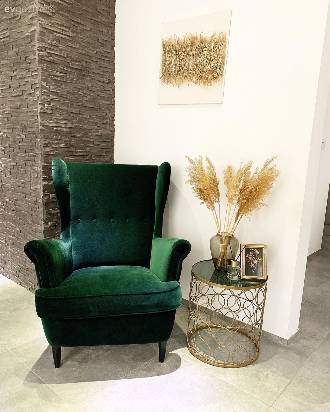 Berjer, Zümrüt yeşili, Siyah, Altın, Yan sehpa, Sehpa, Vazo, Ev Aksesuar, Pampas otu