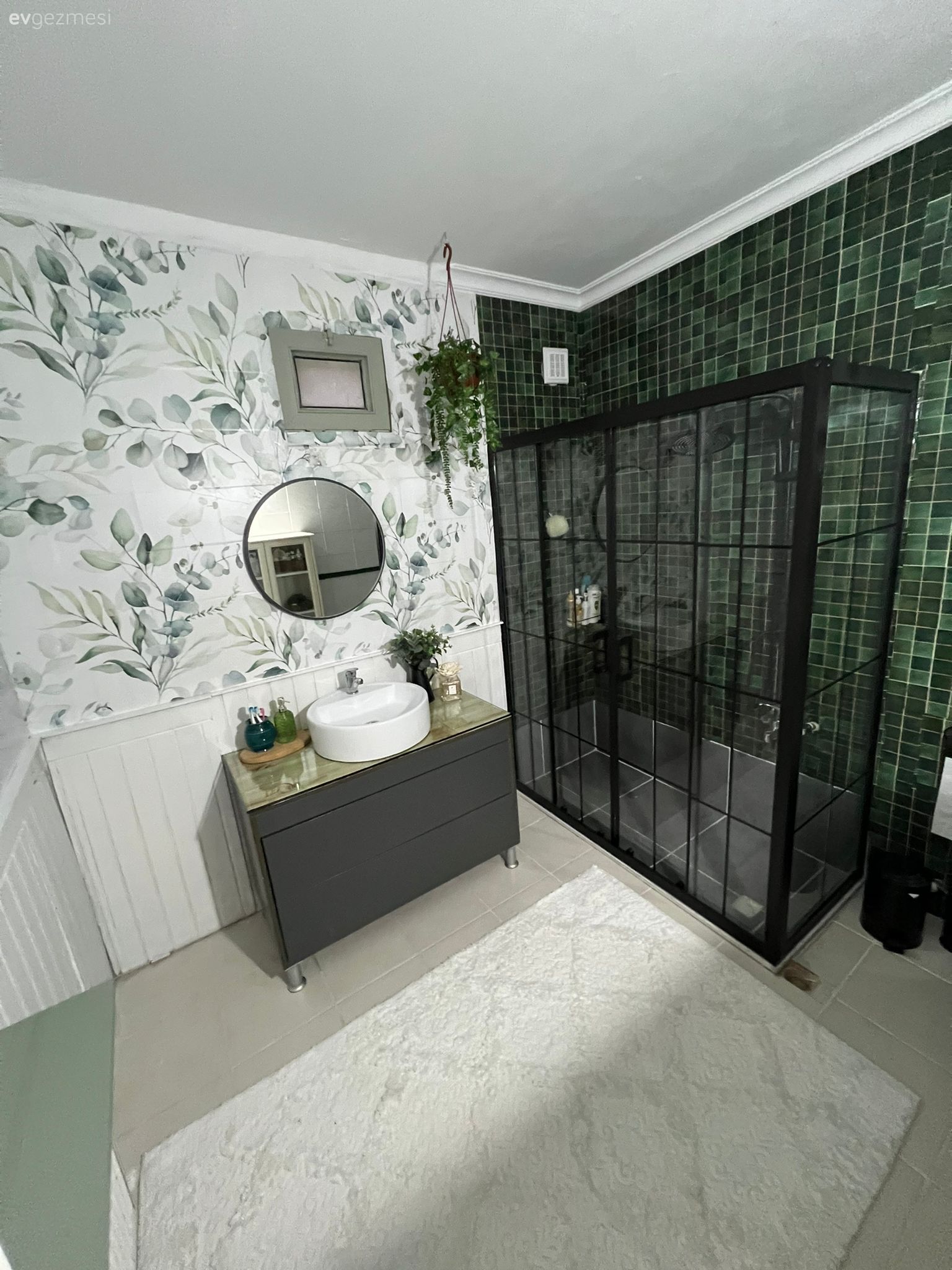 Banyo, Modern, Country, Gri, Beyaz, Yeşil, Siyah, Duvar kağıdı, Duvar dekorasyonu, Duşakabin, Banyo seramikleri, Banyo dolabı, Banyo aksesuarları, Banyo paspası, Banyo aynası, Duvar çıtalama