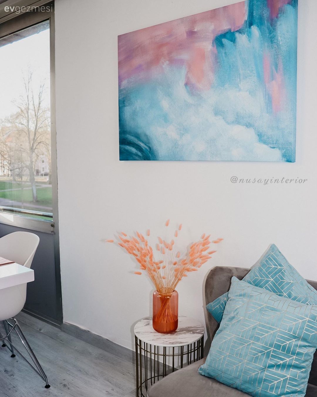 Tablo, Duvar dekorasyonu, Turkuaz, Gri, Vazo, Ev Aksesuar, Turuncu, Kırlent, Ev tekstili