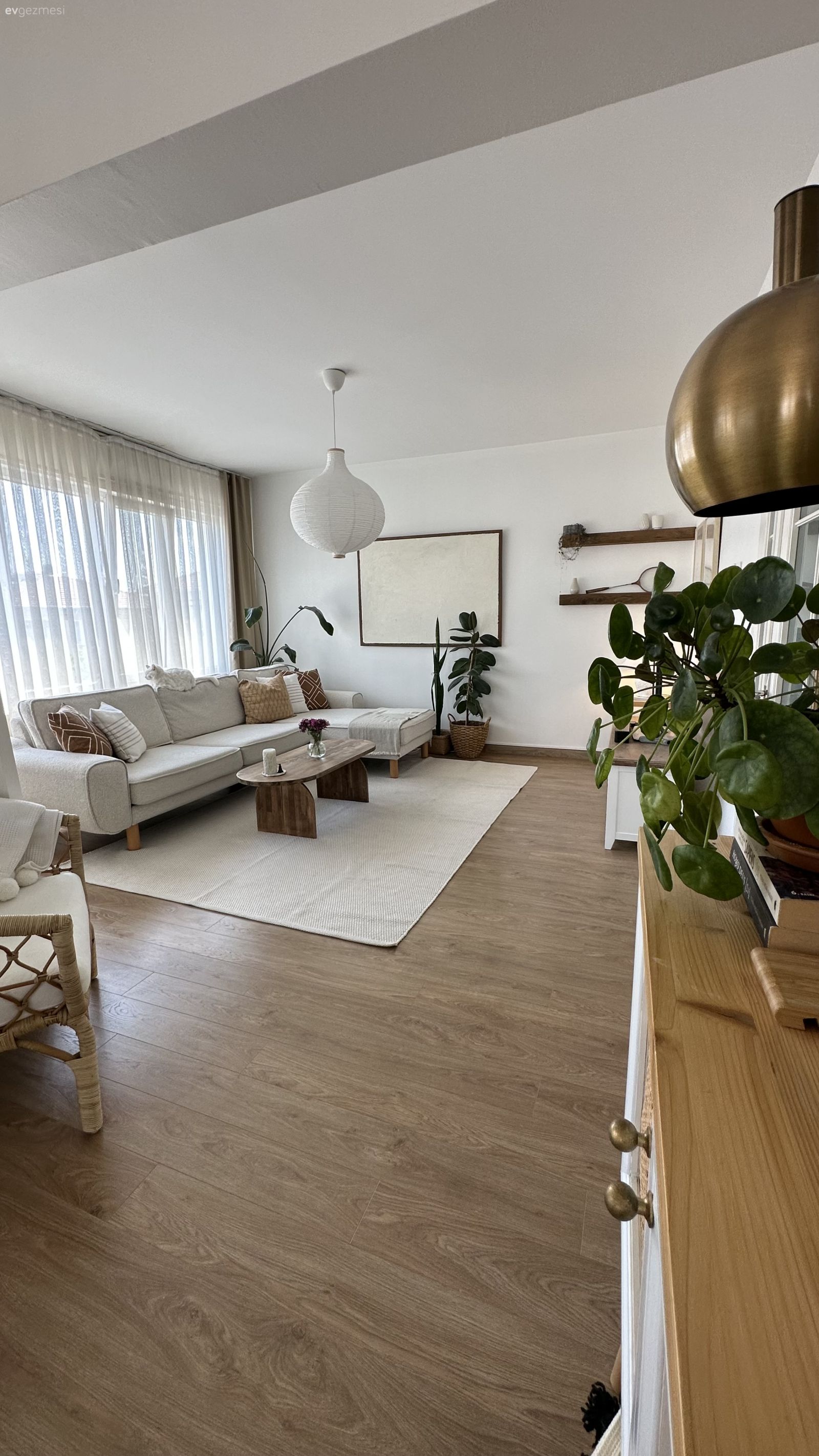 Salon, Modern, İskandinav, Beyaz, Krem, Bej, Ahşap Mobilya, Köşe koltuk, Koltuk takımı, Tül perde, Perde, Kırlent, Ev tekstili, Halı, Salon halısı, Orta sehpa, Sehpa, Tablo, Duvar dekorasyonu, Parke, Ev bitkisi, Saksı, Avize, Aydınlatma, Salon avizesi, Beyaz halı, Konsol, Konsol üzeri dekoratif objeleri