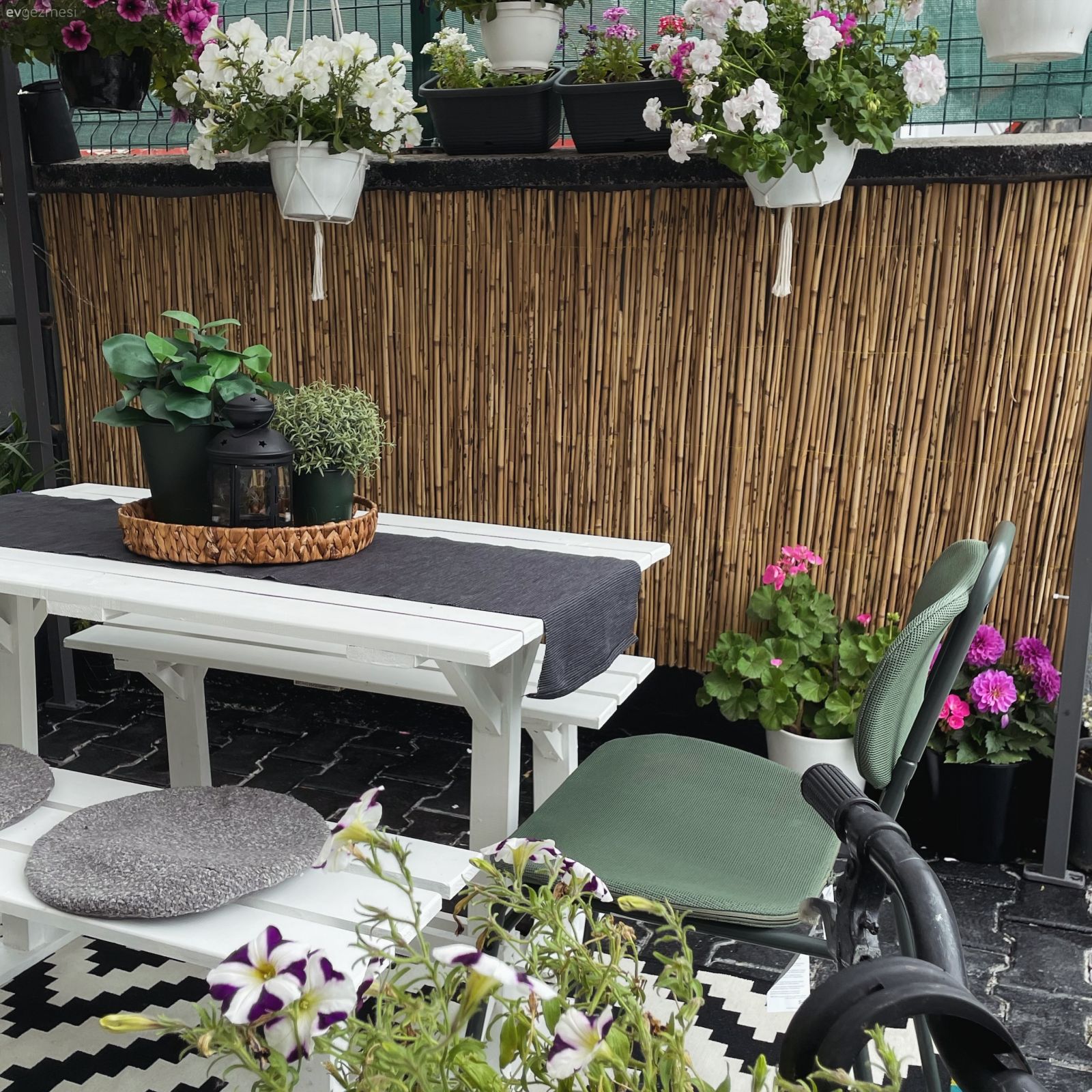 Bahçe, Bambu çit, Çiçekler, Bahçe masası, Sandalye