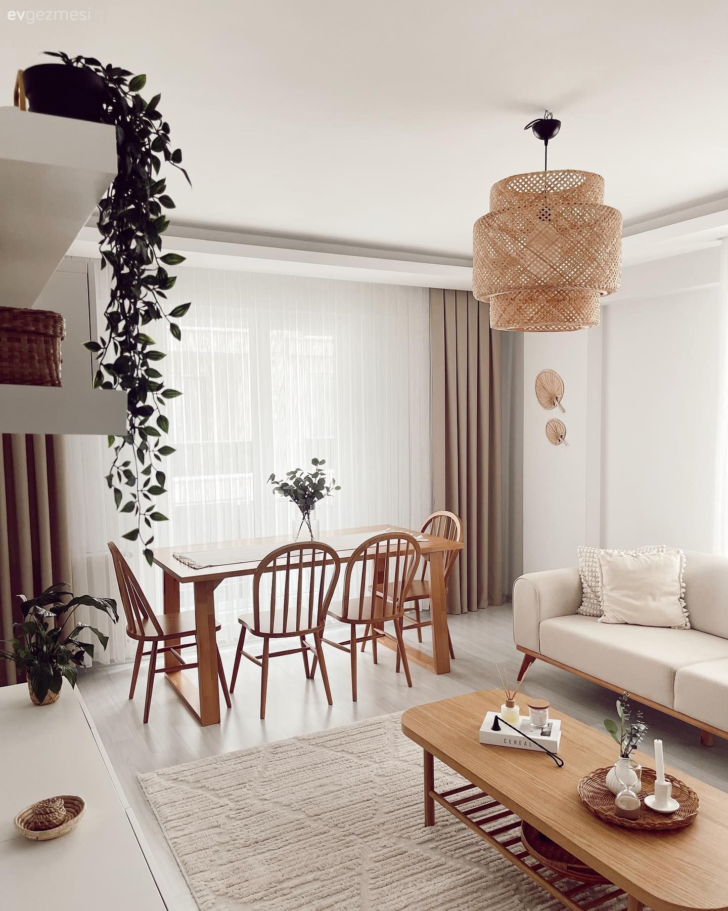 Salon, İskandinav, Modern, Beyaz, Krem, Ahşap Mobilya, Koltuk takımı, Fon perde, Perde, Tül perde, Orta sehpa, Sehpa, Halı, Salon halısı, Ev bitkisi, Hasır avize, Sandalye, Yemek masası