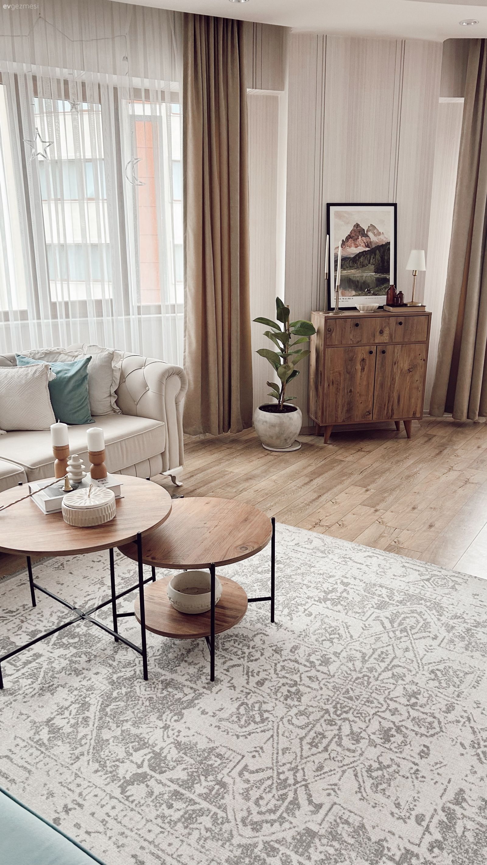 Salon, İskandinav, Beyaz, Krem, Bej, Orta sehpa, Sehpa, Ahşap Mobilya, Ev bitkisi, Halı, Salon halısı, Tablo, Duvar dekorasyonu, Kırlent, Ev tekstili