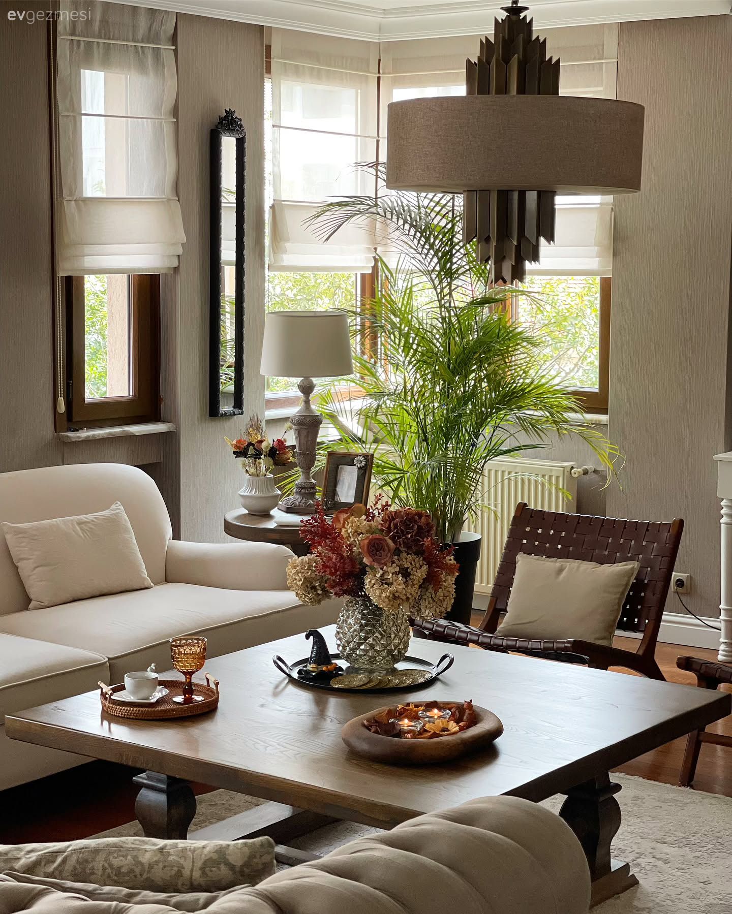 Salon, Modern, Country, Vizon, Beyaz, Kahverengi, Koltuk takımı, Orta sehpa, Sehpa, Masif ahşap, Katlamalı perde, Perde, Avize, Aydınlatma, Salon avizesi, Dekoratif Objeler, Abajur