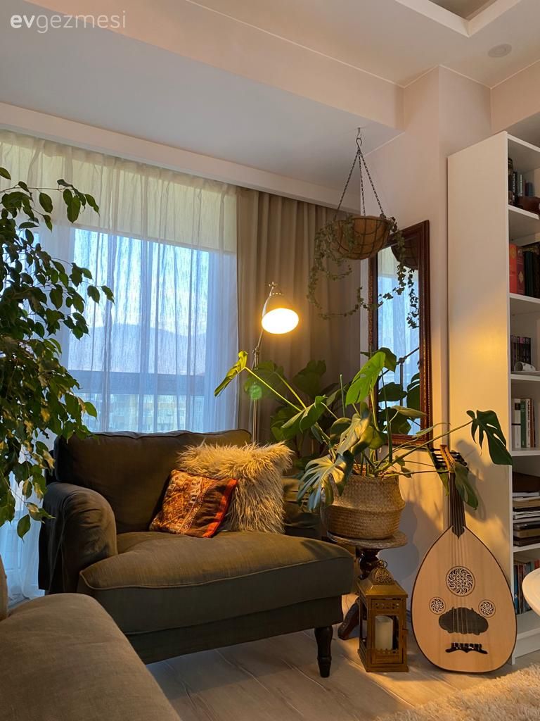 Salon, Rustik, Gri, Vizon, Bej, Koltuk takımı, Fon perde, Perde, Tül perde, Ev bitkisi, Kırlent, Ev tekstili, Lambader, Aydınlatma, Eklektik