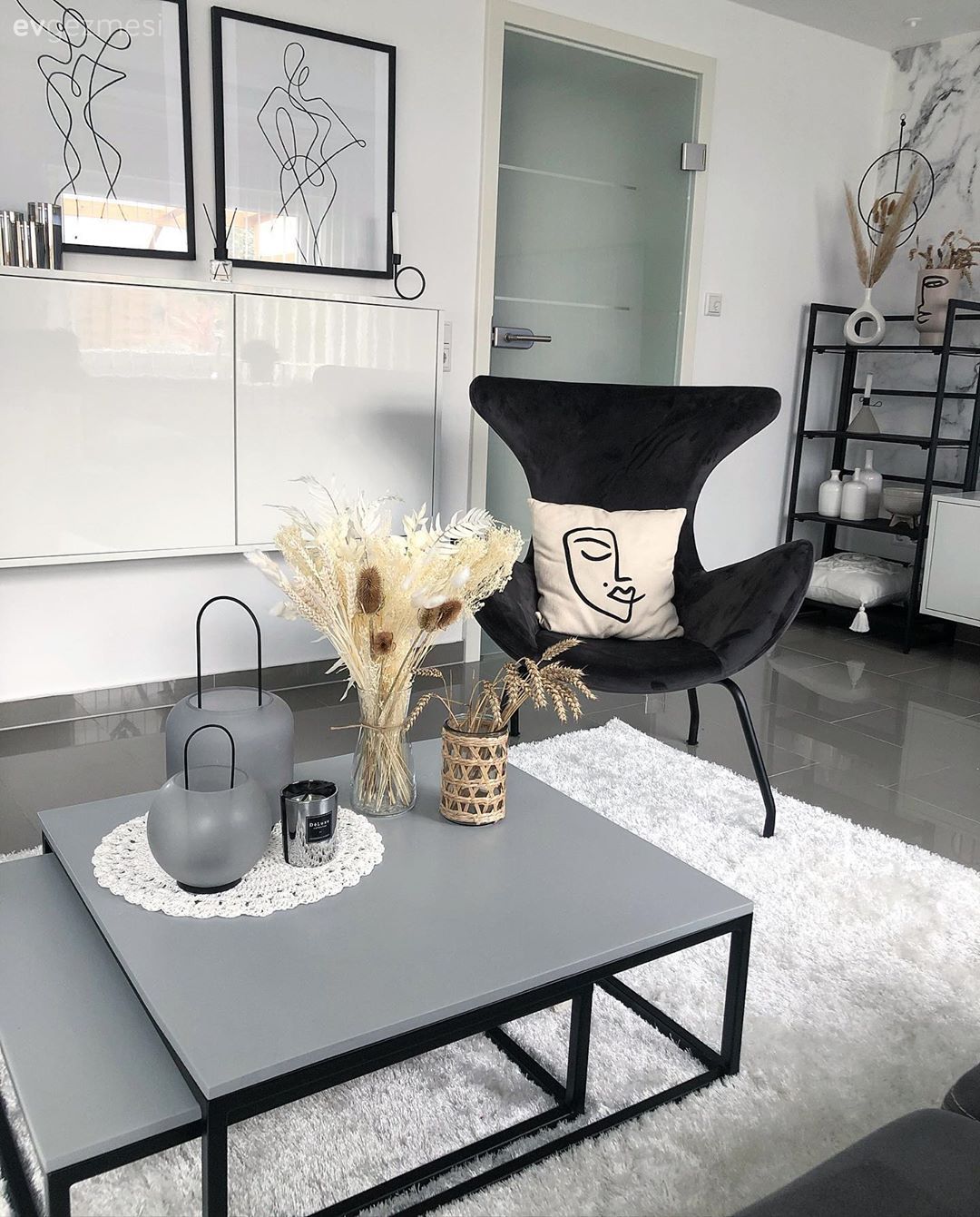 Salon, Beyaz, Gri, Siyah, Konsol, Tablo, Duvar dekorasyonu, Vitrin, Zemin seramikleri, Halı, Salon halısı, Orta sehpa, Sehpa, Sehpa üstü aksesuarı, Ev Aksesuar, Berjer, Dekoratif Objeler