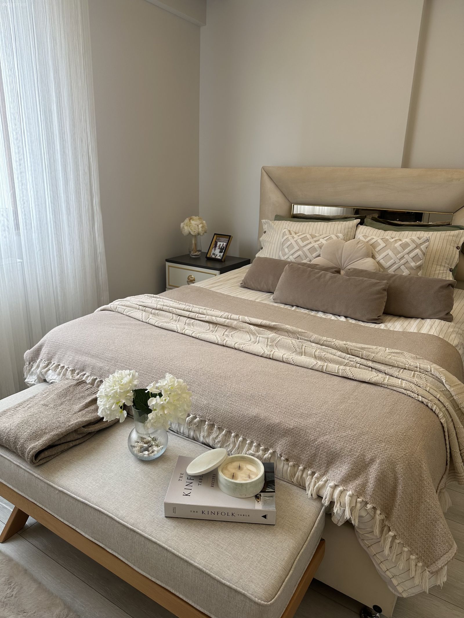 Yatak Odası, İskandinav, Beyaz, Bej, Krem, Tül perde, Perde