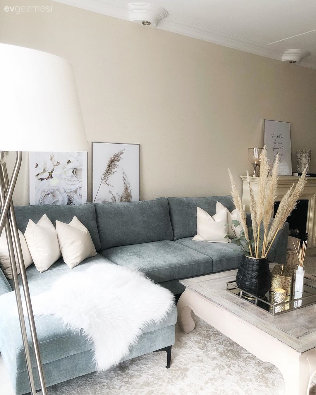 Salon, Modern, Country, Mavi, Beyaz, Krem, Köşe koltuk, Koltuk takımı, Orta sehpa, Sehpa, Bej, Sehpa üstü aksesuarı, Ev Aksesuar, Oymalı mobilya, Kırlent, Ev tekstili, Parke, Halı, Salon halısı, Shaggy halı, Vitrin, Vazo, Pampas otu