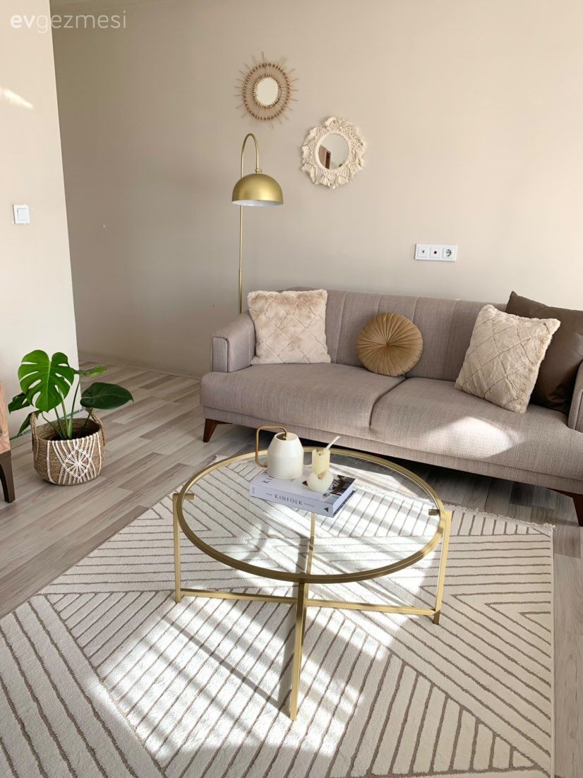 Salon, Modern, Vizon, Krem, Koltuk takımı, Altın, Cam sehpa, Yuvarlak sehpa, Sehpa, Halı, Salon halısı, Lambader, Aydınlatma, Kırlent, Ev tekstili, Duvar dekorasyonu, Tül perde, Perde, Parke, Saksı