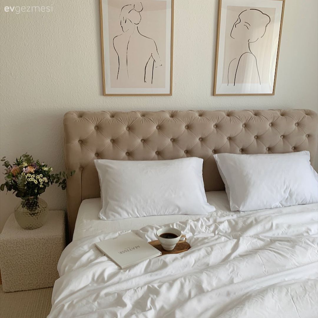Yatak Odası, Krem, Vizon, Bej, Kapitone yatak başlığı, Komodin, Çerçeve, Tablo, Duvar dekorasyonu