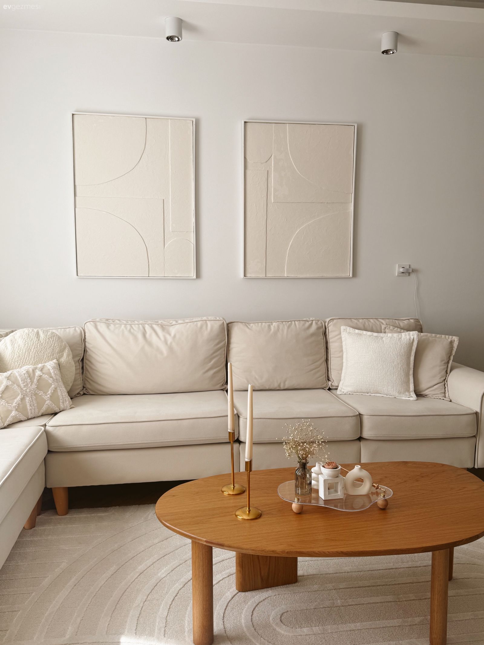 Salon, İskandinav, Köşe koltuk, Koltuk takımı, Tablo, Duvar dekorasyonu, Orta sehpa, Sehpa, Halı, Salon halısı, Kırlent, Ev tekstili, Dekoratif Objeler