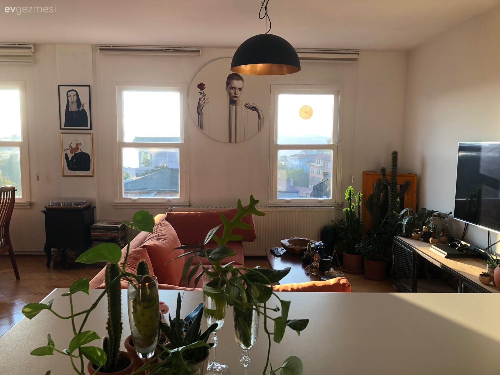 Salon, Bohem Dekorasyon, Turuncu, Yeşil, Antrasit  , Köşe koltuk, Koltuk takımı, Tv ünitesi, Avize, Aydınlatma, Orta sehpa, Sehpa, Ev bitkisi, Parke, Sandalye, Çerçeve, Tablo, Duvar dekorasyonu, Saksı, Dekoratif Objeler