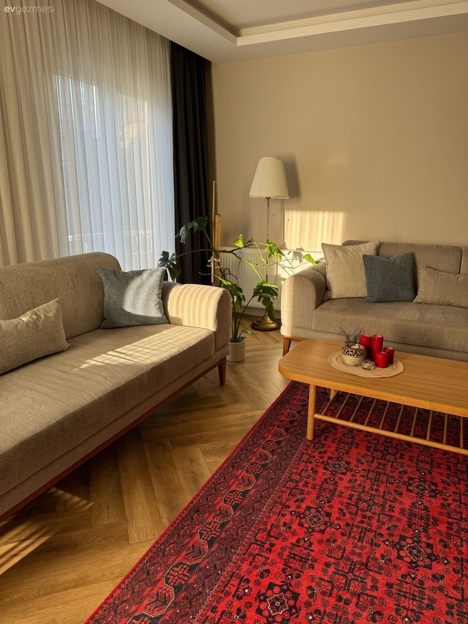 Salon, Modern, Koltuk takımı, Gri, Fon perde, Perde, Tül perde, Kırlent, Ev tekstili, Orta sehpa, Sehpa, Halı, Salon halısı, Kırmızı, Lambader, Aydınlatma