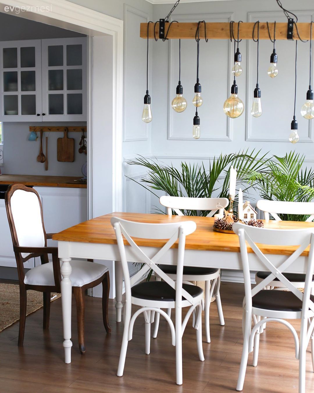 Mutfak masası, Beyaz, Sarı, Siyah, Rustik Aydınlatma, Duvar çıtalama, Sandalye