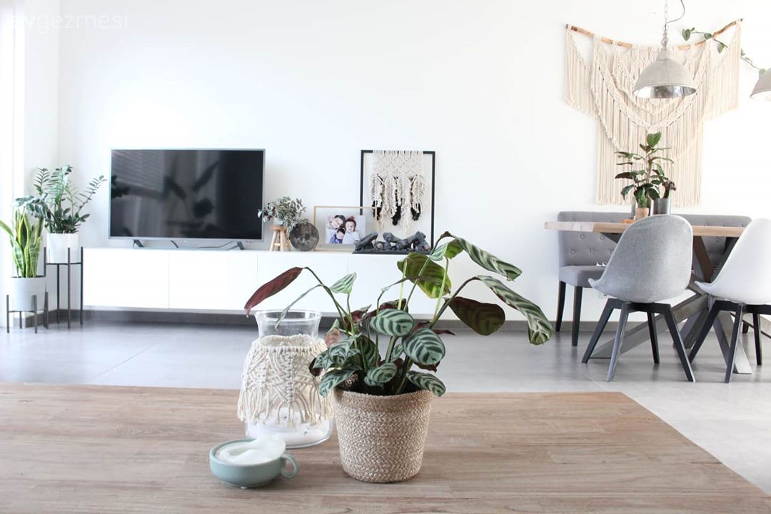 Açık konsept yaşam alanı, Salon, Amerikan Mutfak, Mutfak, Beyaz, Gri, Siyah, Bej, Yemek masası, Krom sarkıt, Tv ünitesi, Tv ünitesi aksesuarları, Ev Aksesuar, Makrome, Ev bitkisi, Saksı