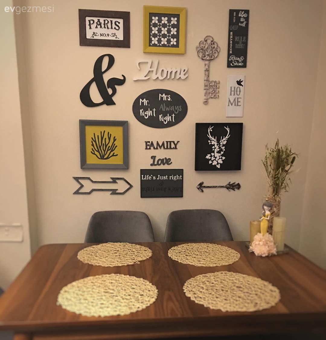 Yemek Odası, Duvar dekorasyonu, Duvar panosu, Ahşap masa, Yemek masası, Sandalye, Supla