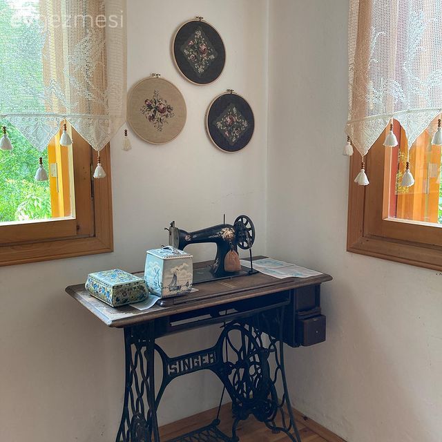 Dikiş makinasından masa, Rustik, Tül perde, Perde, Rustik perde, Duvar dekorasyonu