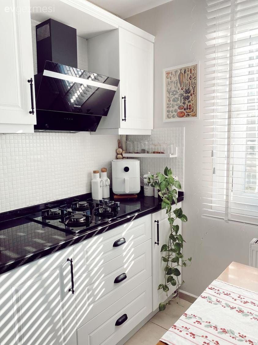 Beyaz, Siyah, Siyah tezgah, Mutfak tezgahı, Davlumbaz, Shaker kapaklı dolaplar, Mutfak, Mutfak aksesuarları, Mutfak perdesi