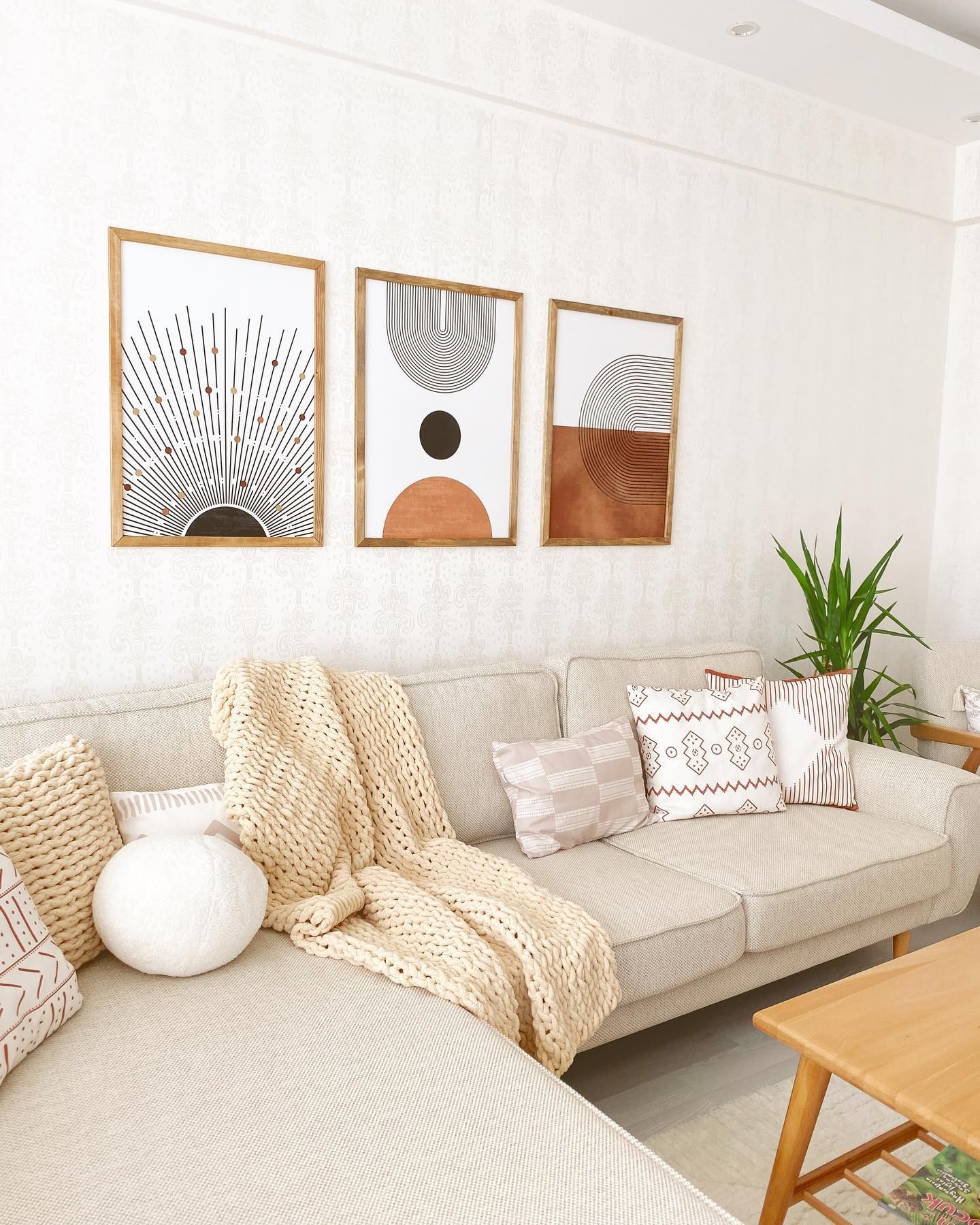 Krem, Beyaz, Ahşap Mobilya, Köşe koltuk, Koltuk takımı, Tablo, Duvar dekorasyonu, Ev bitkisi, Kırlent, Ev tekstili, Dekoratif Objeler