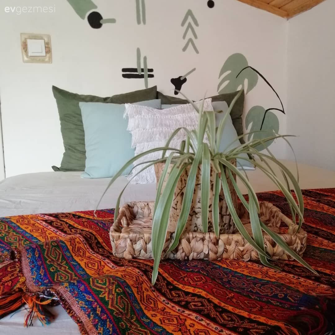 Yatak Odası, Mint yeşil, Turuncu, Yatak örtüsü, Kırlent, Ev tekstili, Duvar dekorasyonu, Ev bitkisi